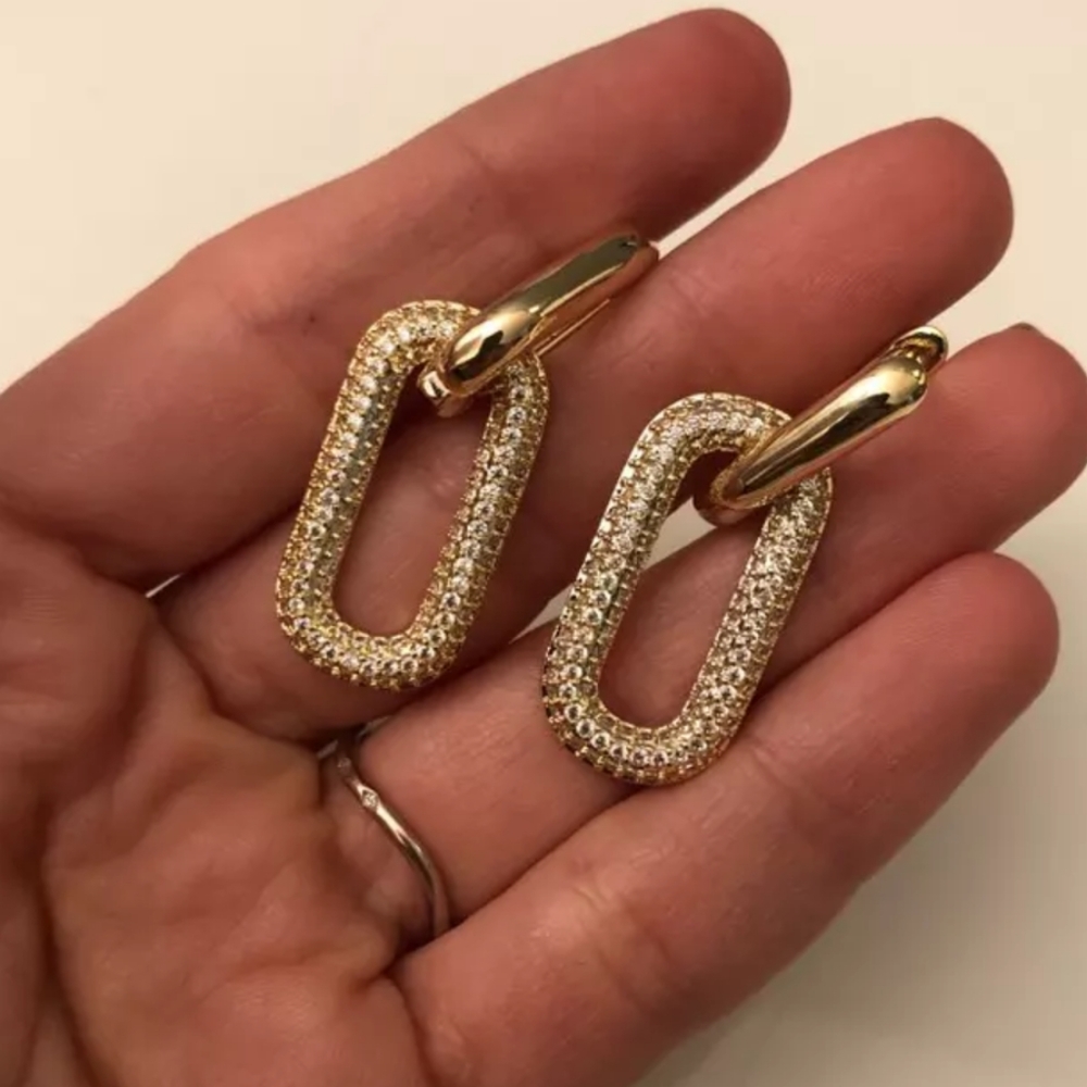 NEW 18k Yellow Gold Micro Pave Link Hoop Earrings - Picture 6 of 6